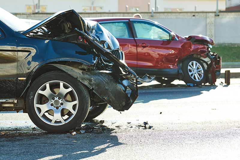 A scene of a two car accident